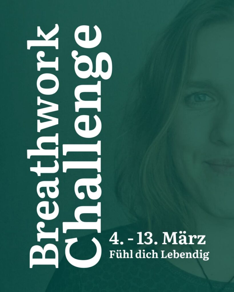 Breathwork Challenge Transparent Grünes Foto mit Portrait einer Frau und der Ankündigung einer Breathwork Challenge